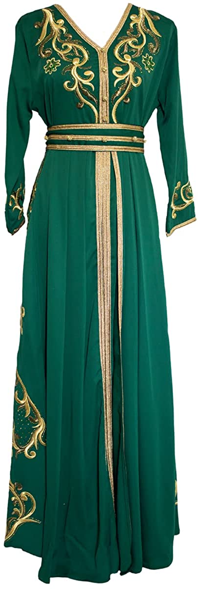 Marwa Fashion Women’s Muslim Green Color Kaftan/Caftan - Arabic Islamic Moroccan X-Large Size Dress with Embroidery - خليجي/للبنات/نساء/عربي/فستان سهرة/