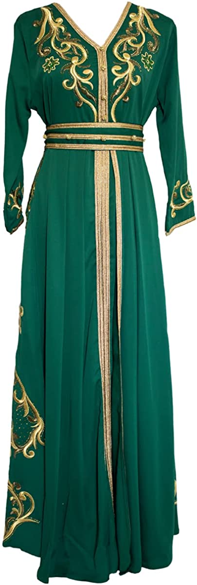 Marwa Fashion Women’s Muslim Green Color Kaftan/Caftan - Arabic Islamic Moroccan X-Large Size Dress with Embroidery - خليجي/للبنات/نساء/عربي/فستان سهرة/