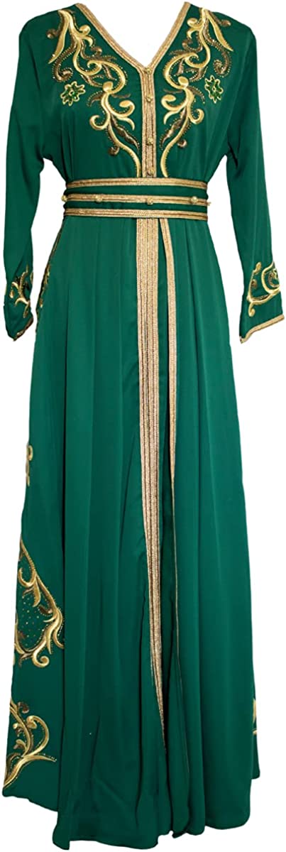 Marwa Fashion Women’s Muslim Green Color Kaftan/Caftan - Arabic Islamic Moroccan X-Large Size Dress with Embroidery - خليجي/للبنات/نساء/عربي/فستان سهرة/