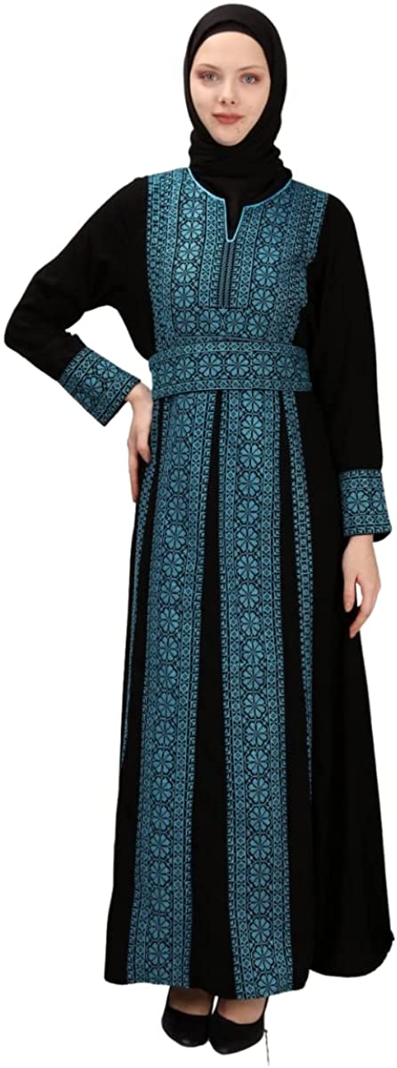 Marwa Fashion Thobe Dress for Women with Traditional Palestinian Embroidery - Islamic Muslim Costume Wedding, Party & Dinner Black Blue