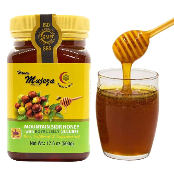 Mujeza Raw Mountain Sidr Honey with Fresh Royal Jelly, عسل سدر جبلي أصلي مع غذاء الملكات Equal to Manuka Effectiveness Unprocessed Gluten Free Non GMO 100% Natural (500g / 17.6oz) - Mujeza Al Shifa