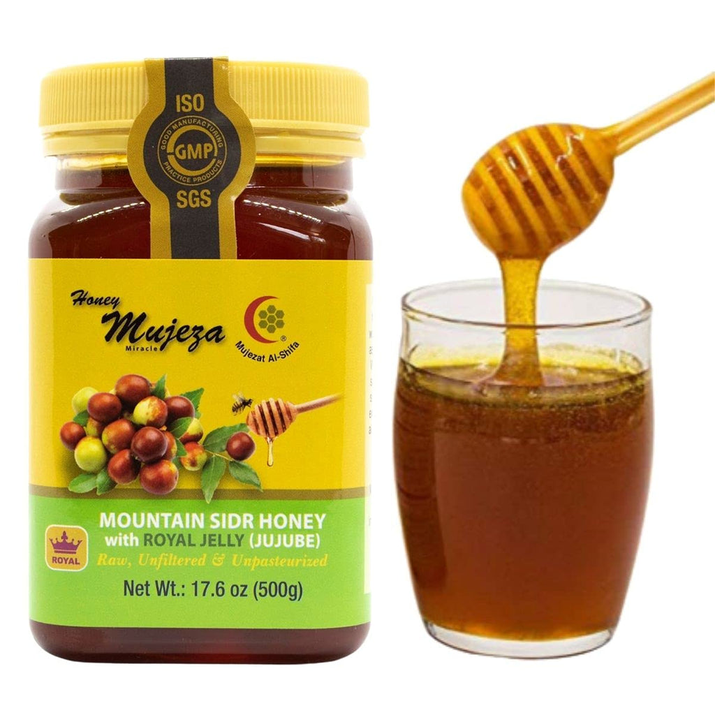 Mujeza Raw Mountain Sidr Honey with Fresh Royal Jelly, عسل سدر جبلي أصلي مع غذاء الملكات Equal to Manuka Effectiveness Unprocessed Gluten Free Non GMO 100% Natural (500g / 17.6oz) - Mujezat Al-Shifa