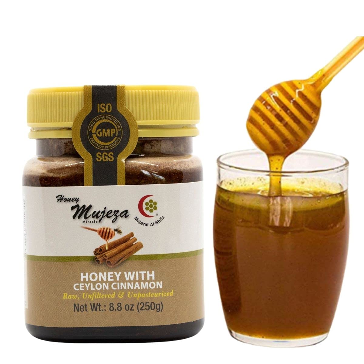 Mujeza Raw Wildflower Honey with Ceylon Cinnamon - Pure Natural Raw Gluten Free Non Gmo Honey - Unheated unfiltered unpasteurized (250g / 8.8oz) - Mujezat Al-Shifa