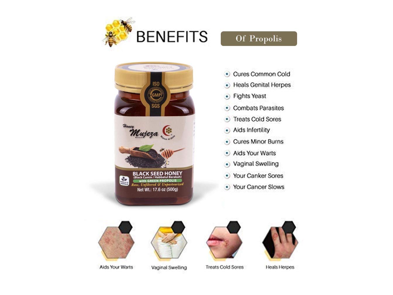 Mujeza Black Seed Honey with Propolis - Not Mixed with Oil or Powder - Gluten Free - Non GMO - Organic Honey - Immune Booster - 100% Natural Raw Honey (250g /8.8oz) Mujezat Al-Shifa