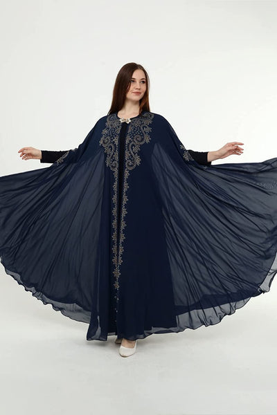 Marwa Fashion Arabic Dress for Women – Dubai Kaftan Islamic Muslim Costume for Wedding, Party & Dinner (Large, Dark Blue)