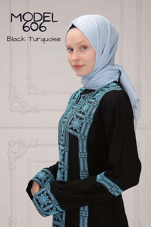 Marwa Fashion Palestinian Thobe Dress for Women - Traditional Palestinian Dress for Girl with Beautiful Embroidery - Dress for Wedding, Parties and Dinner Black Turquoise