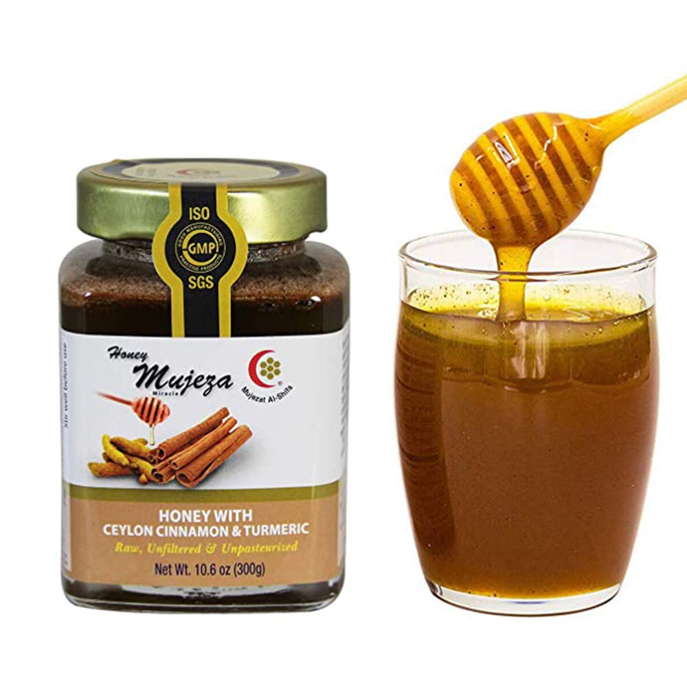 Mujeza Raw Wildflower Honey with Ceylon Cinnamon & Turmeric - Natural Liquid Honey - Gluten Free Honey - Non GMO - Unheated - Unfiltered - Glass jar (300g / 10.6oz)