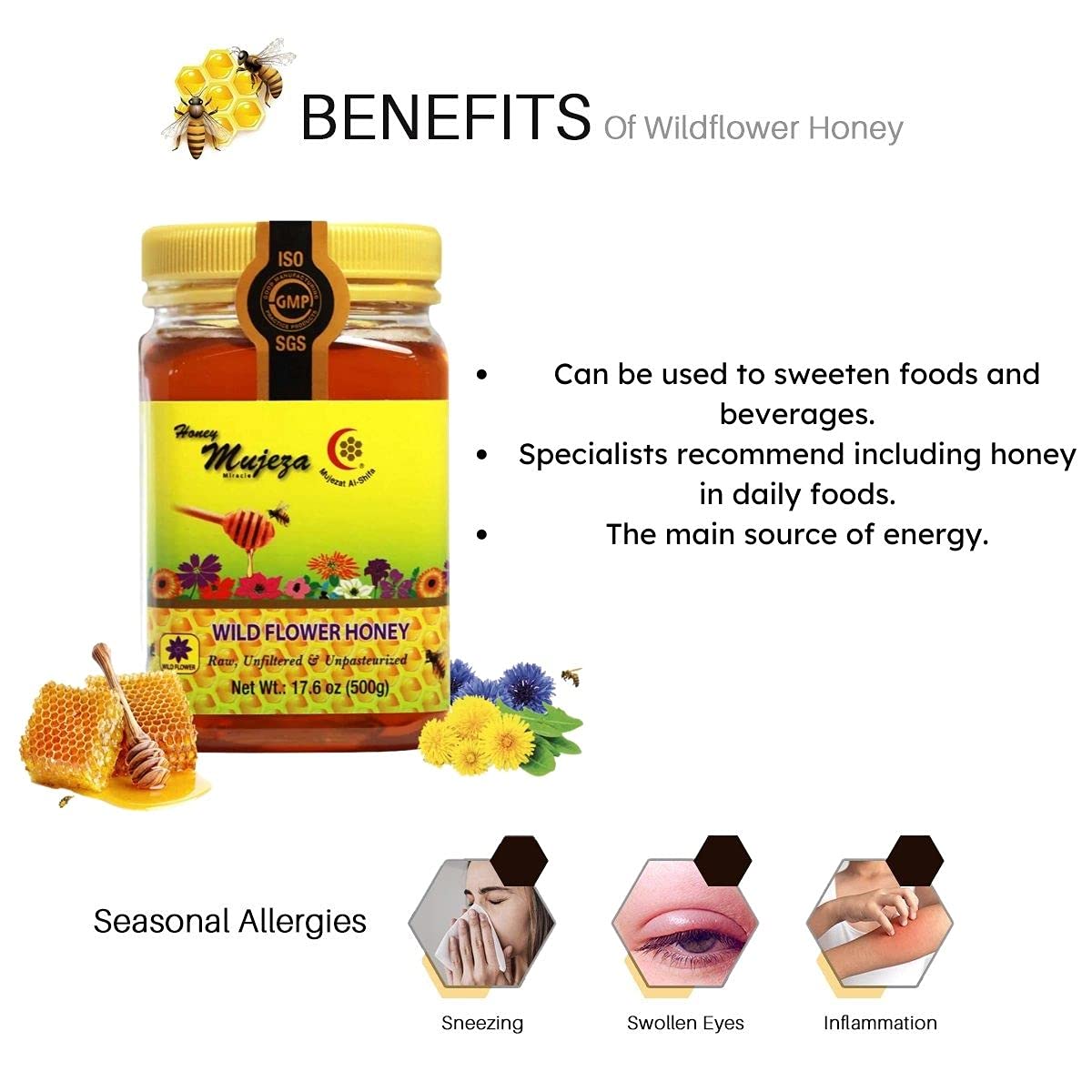 Mujeza Wildflower Honey with Propolis, Unheated, Unfiltered, Unpasteurized 100% Natural Raw Honey, Non GMO (500g / 17.6oz) - Mujezat Al-Shifa - عسل الزهور البرية