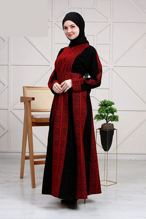 Marwa Fashion Palestine Thobe Dress - Islamic Full Sleeve Abaya Dress with Palestinian Embroidery - Wedding, Party & Dinner Black Red