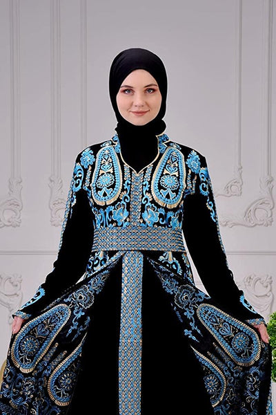 Marwa Fashion Palestinian Thobe / Dress for Women / Embroidery Model # 110 (Black and Blue, Large)