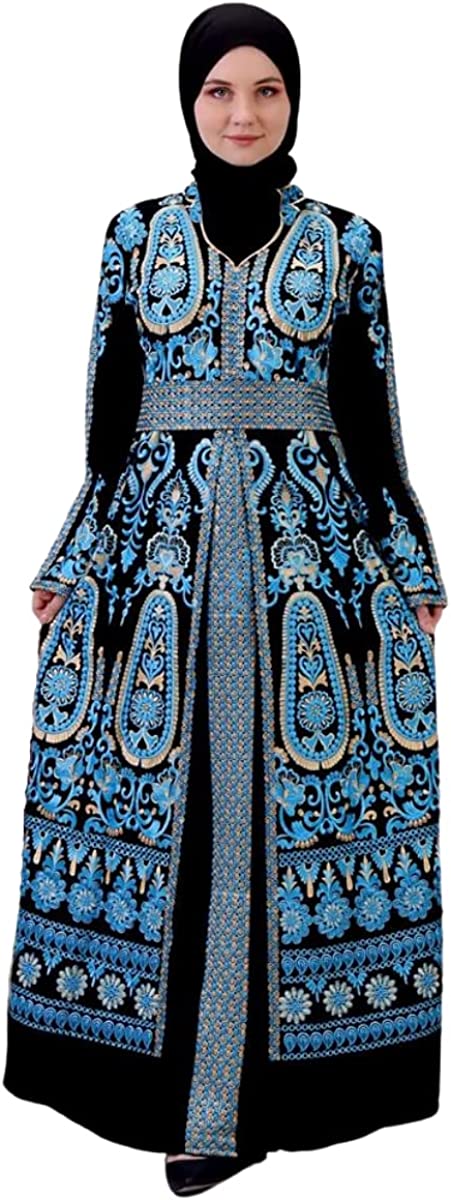 Marwa Fashion Palestinian Thobe / Dress for Women / Embroidery Model # 110 (Black and Blue, Large)