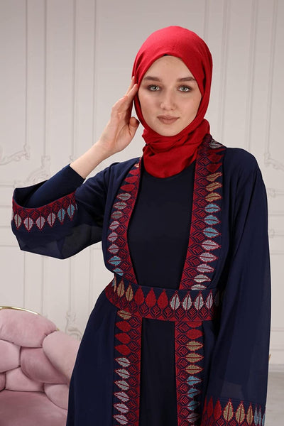 Marwa Fashion Palestinian Thobe Dress for Women - Traditional Palestinian Dress for Girl with Beautiful Embroidery - Dress for Wedding, Parties and Dinner Dark Blue