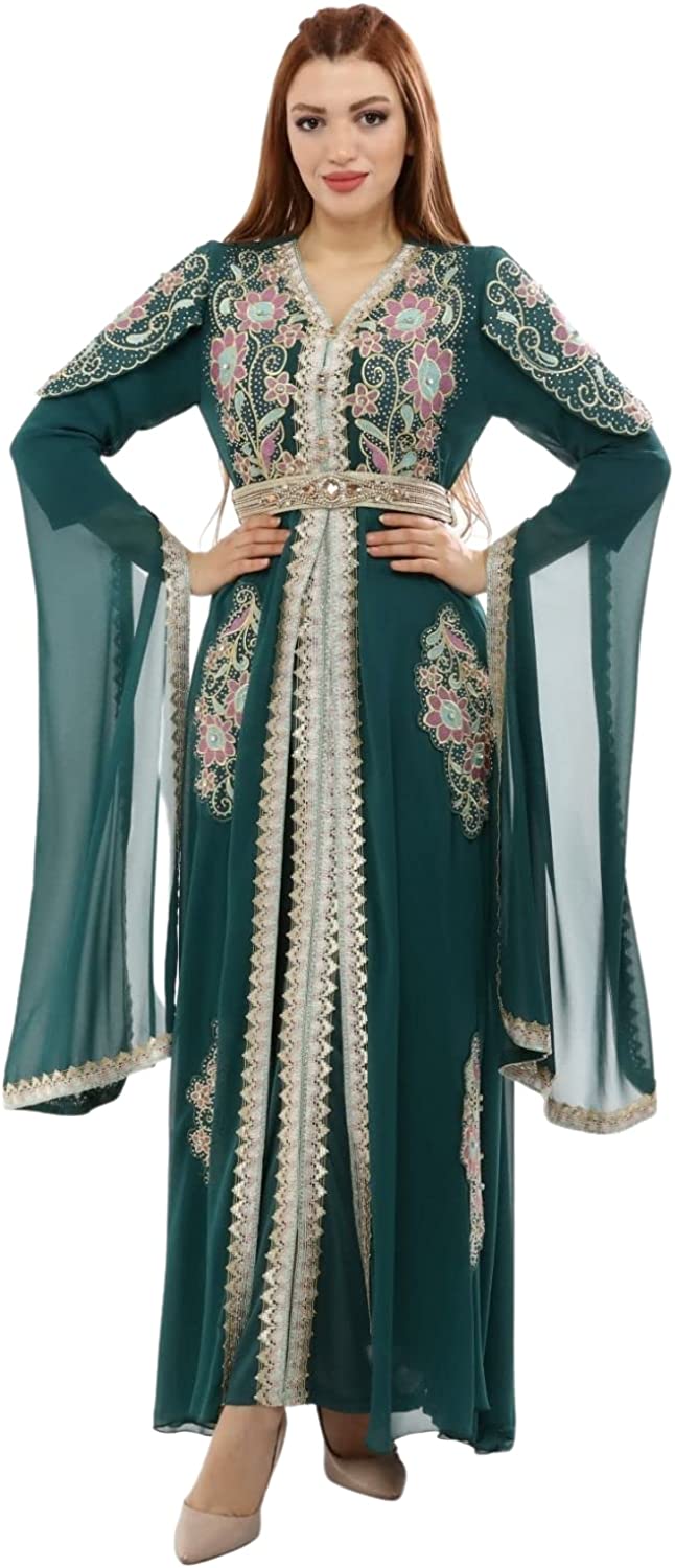 Marwa Fashion Arabic Dress for Women – Dubai Kaftan Islamic Muslim Costume for Wedding, Party & Dinner Green…