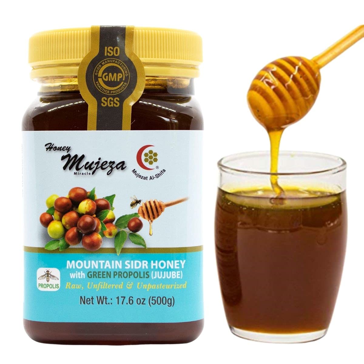 Mujeza Authentic Mountain Sidr Honey (Jujube) with Propolis عسل سدر جبلي أصلي مع صمغ النحل (العكبرEqual to Manuka Effectiveness,100% Natural Gluten Free Non Gmo Raw Honey (Different Sizes Available) (500g /17.6oz) - Mujezat Al-Shifa