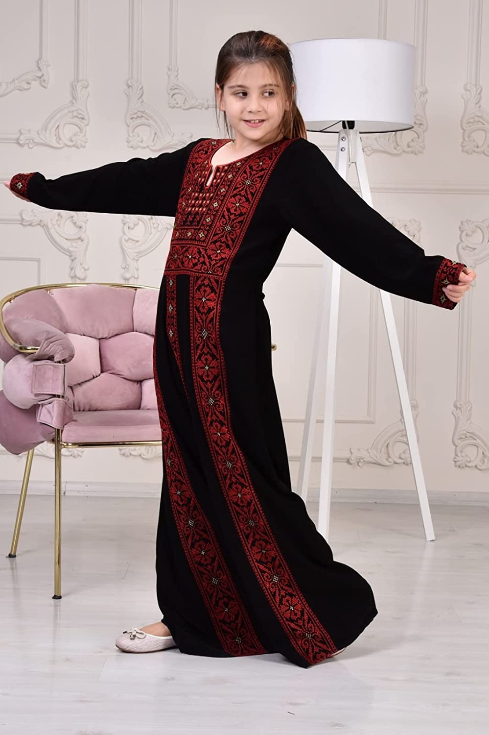 Marwa Fashion Palestinian Thobe Dress - Embroidered Traditional Costume - Arabic Thoub, Maxi Dress for Women & Girls Black Green