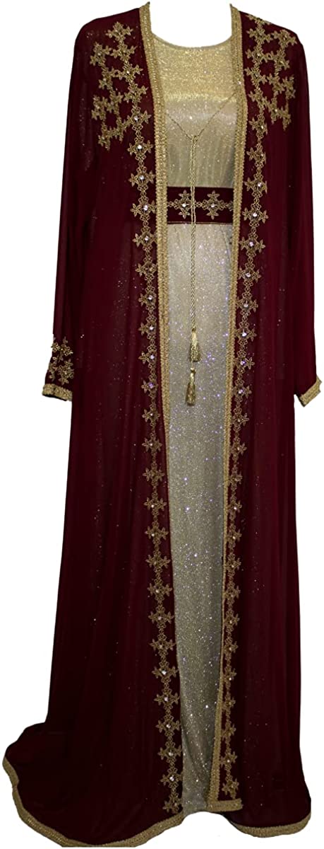 Marwa Fashion Women’s Muslim Burgundy and Gold Color Kaftan/Caftan - Arabic Islamic Moroccan Medium Size Dress with Embroidery