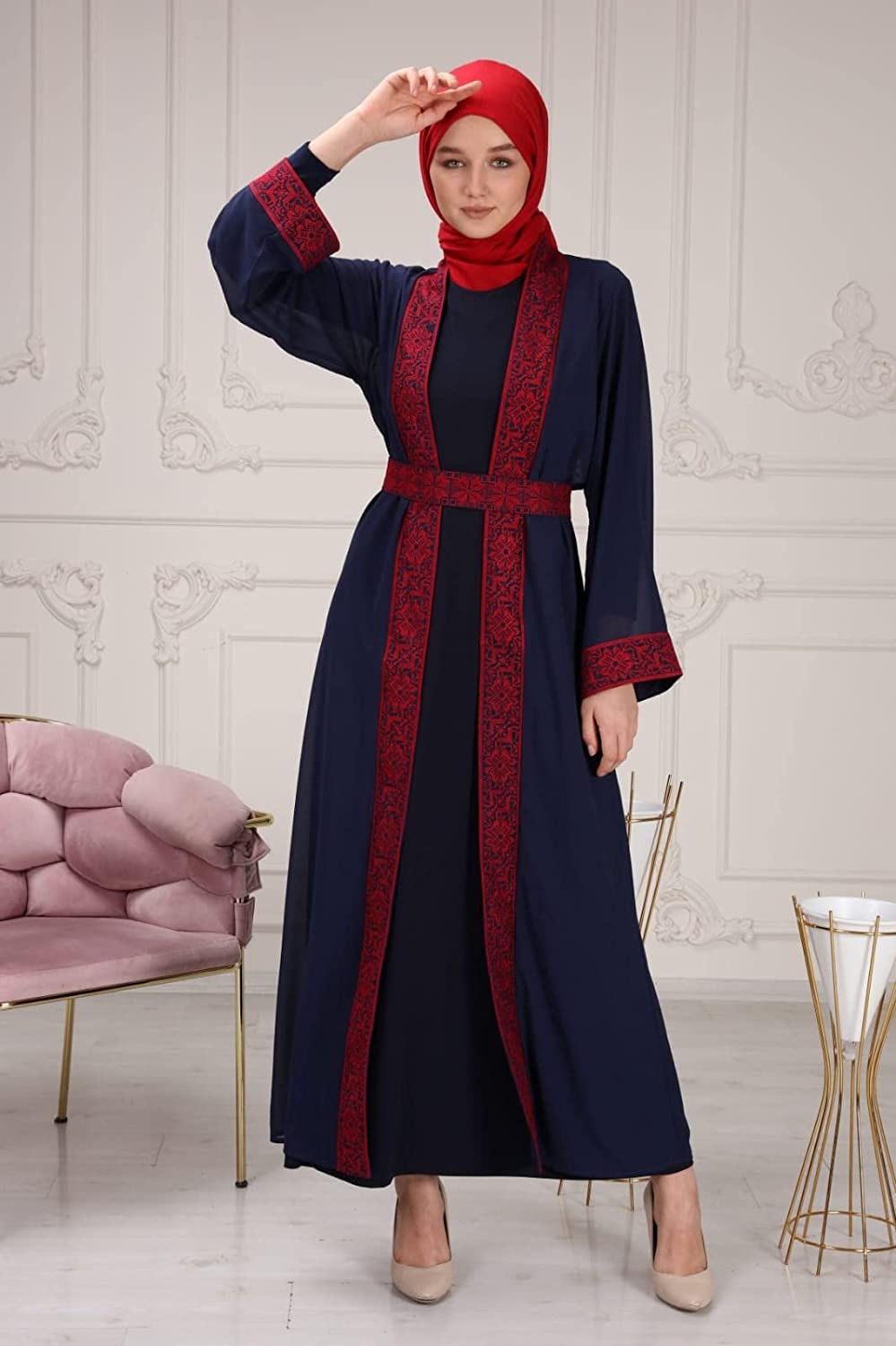 Marwa Fashion Palestinian Thobe Dress for Women - Traditional Palestinian Dress for Girl with Beautiful Embroidery - Dress for Wedding, Parties and Dinner Dark-Blue