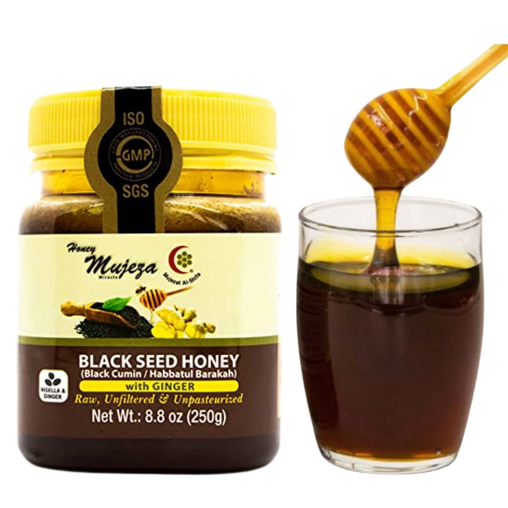 Mujeza Black Seed Honey with Ginger - Not Mixed with Oil or Powder - Gluten Free - Non GMO - Immune Booster - 100% Natural Raw Honey (250g /8.8oz) Mujezat Al-Shifa