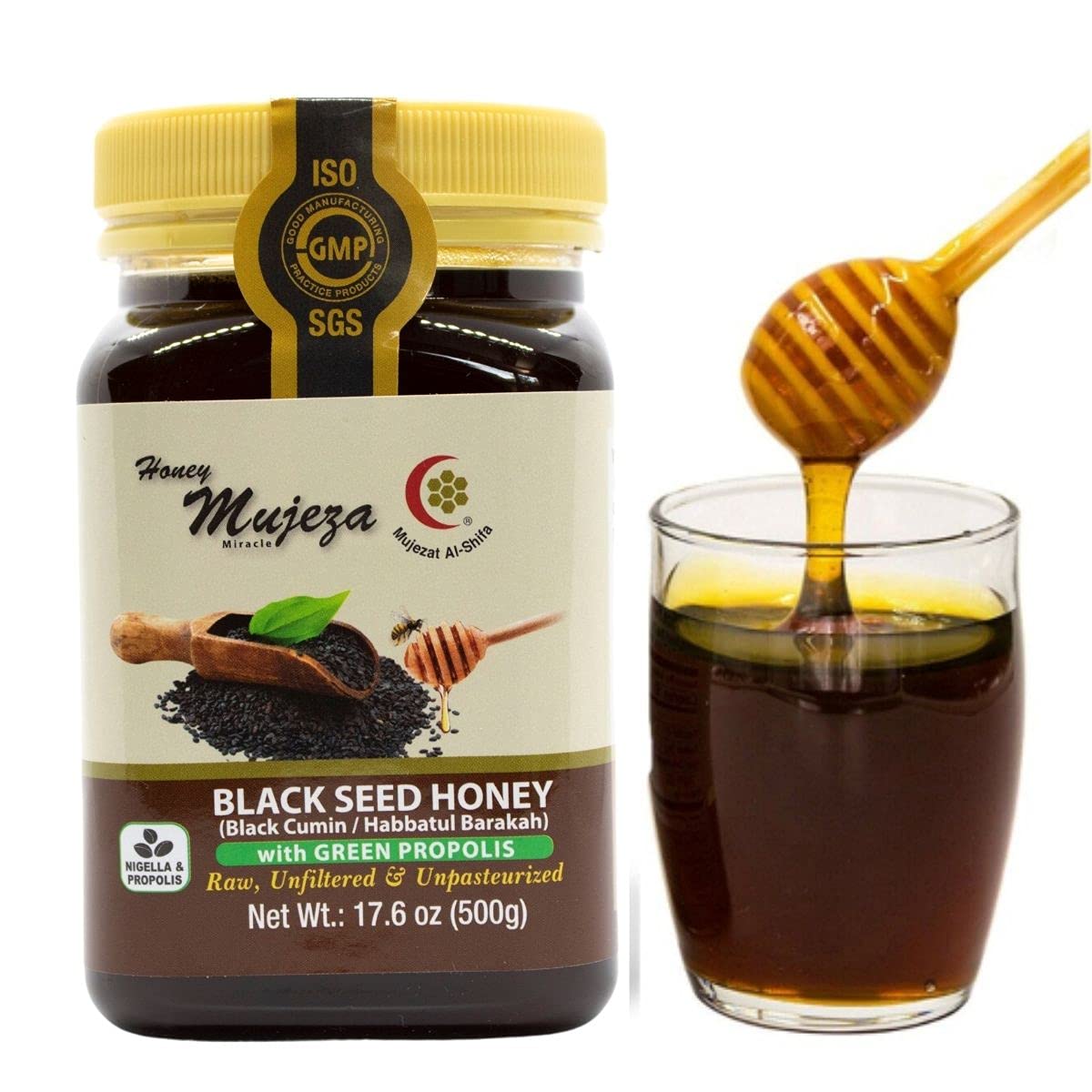 Mujeza Black Seed Honey- (Black cumin- nigella seeds)- Kosher - Not mixed with black seed oil or black seed powder- Gluten Free Non Gmo 100% Natural Honey-17.6oz / 500