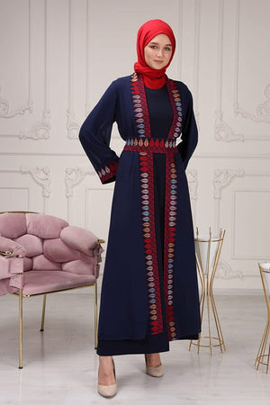 Marwa Fashion Palestinian Thobe Dress for Women - Traditional Palestinian Dress for Girl with Beautiful Embroidery - Dress for Wedding, Parties and Dinner Dark Blue