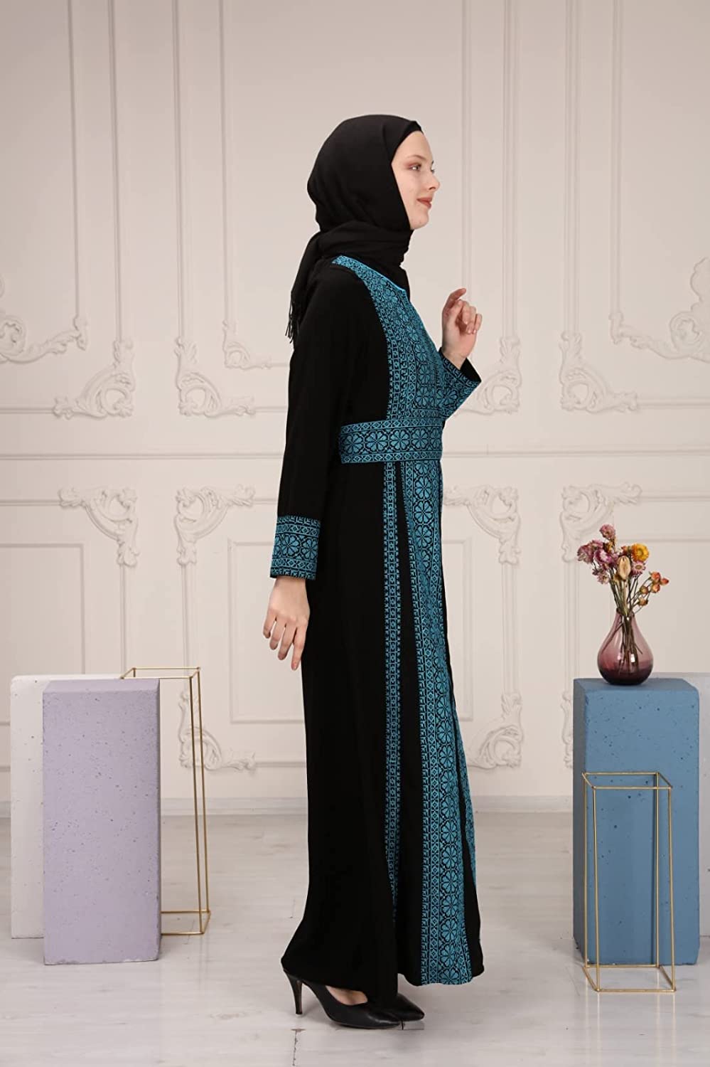 Marwa Fashion Thobe Dress for Women with Traditional Palestinian Embroidery - Islamic Muslim Costume Wedding, Party & Dinner Black Blue