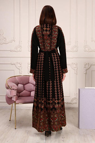 Marwa Fashion Palestine Thobe Dress - Islamic Full Sleeve Abaya Dress with Palestinian Embroidery - Wedding, Party & Dinner Brown