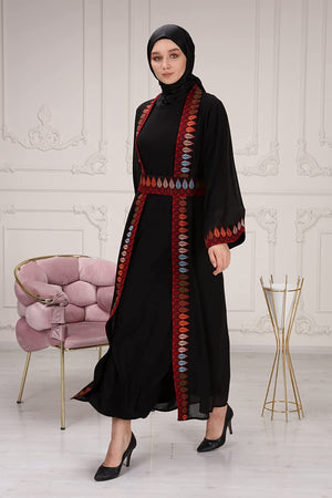 Marwa Fashion Thobe Dress for Women with Traditional Palestinian Embroidery - Islamic Muslim Costume Wedding, Party & Dinner (Large, Black)