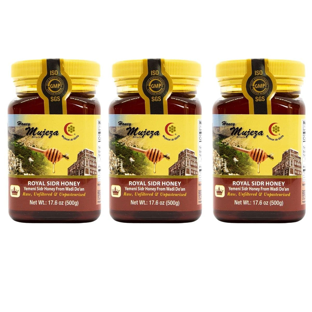 Pack of 3 Raw Royal Honey (Authentic Yemen Douani Sidr Honey)عسل سدر يمني أصلي دوعني Gluten Free Non GMO 100% Natural Raw Honey - (3 Jars 500g / 17.6oz) عسل المعجزه - Mujezat Al-Shifa