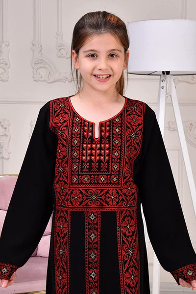 Marwa Fashion Palestinian Thobe Dress - Embroidered Traditional Costume - Arabic Thoub, Maxi Dress for Women & Girls Black Green