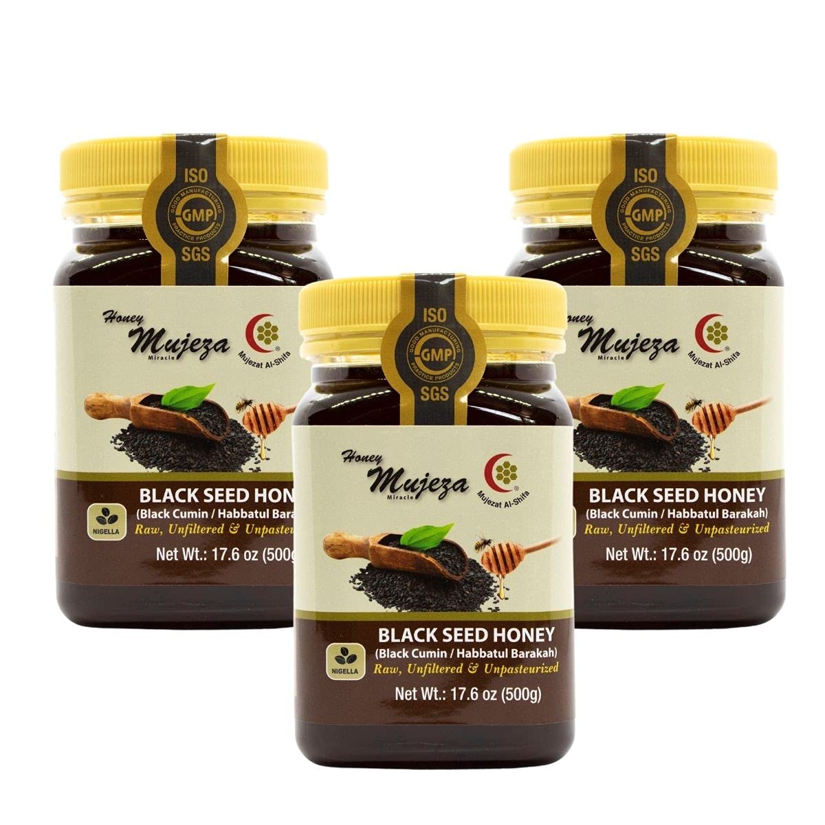 Mujeza Black Seed Honey- (Black cumin- nigella seeds)- Kosher - Not mixed with black seed oil or black seed powder- Gluten Free Non Gmo 100% Natural Honey-17.6oz / 500