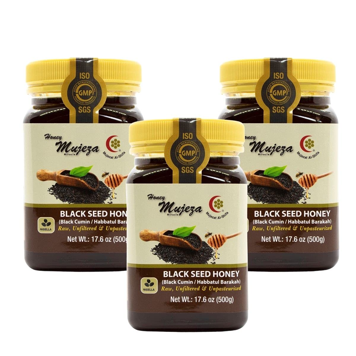 PACK OF 3 Mujeza Black Seed Honey - Not Mixed with Oil or Powder - Gluten Free - Non GMO - Organic Honey - Immune Booster - 100% Natural Raw Honey 500g/17.6oz - Mujezat Al-Shifa