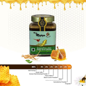 Mujeza Raw Mountain Sidr Honey with Red Korean Ginseng Royal Jelly Bee Propolis Palm Pollen Black Seed Powder 250g/8.8oz - Immune Booster, Sugar & Gluten Free - Men & Women - Mujezat Al-Shifa