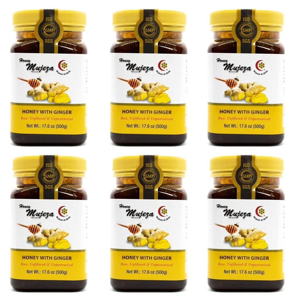 Pack of 6 Black Seed Honey with Fresh Ginger Juice, Unheated Unfiltered Unprocessed 100% Natural Raw Liquid Honey (500g / 17.6oz) - Mujezat Al-Shifa