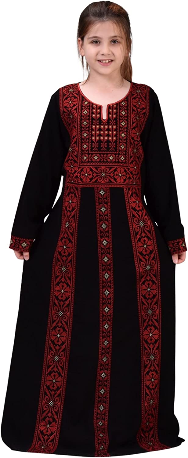 Marwa Fashion Palestinian Thobe Dress - Embroidered Traditional Costume - Arabic Thoub, Maxi Dress for Women & Girls Black Green