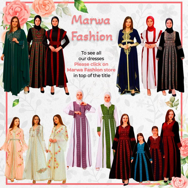 Marwa Fashion Palestinian Thobe Dress - Embroidered Traditional Costume - Arabic Thoub, Maxi Dress for Women & Girls Black Turquoise
