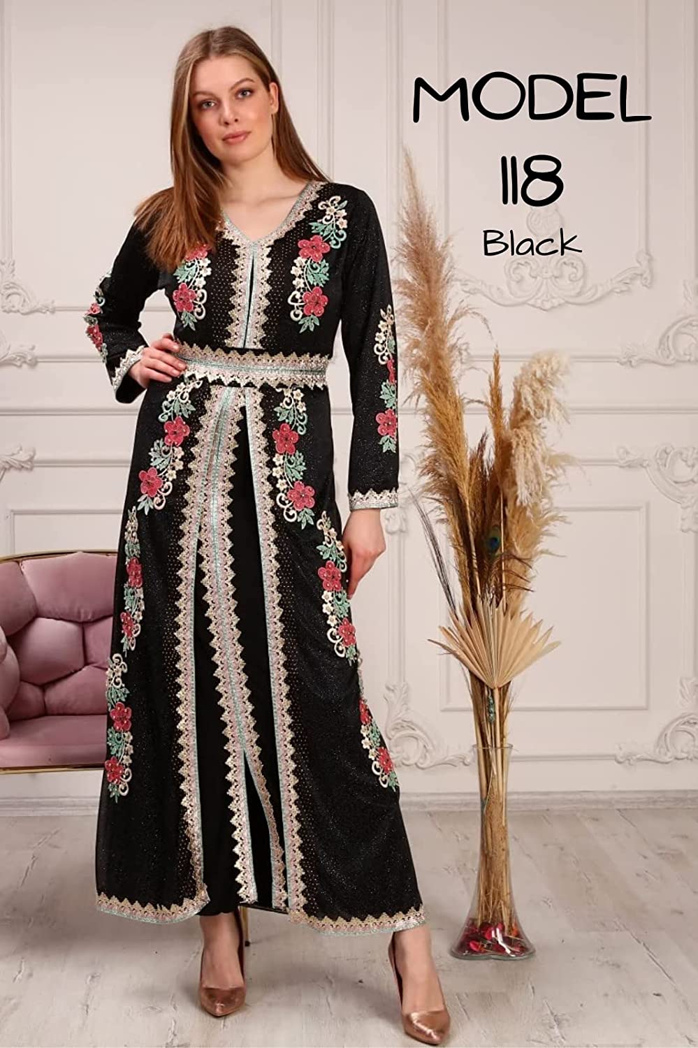 Marwa Fashion Kaftan Women Dresses - Long Arabic Kaftans for Women with Traditional Embroidery - Comfortable and Stylish Kaftan Made from Luxurious Chiffon Crepe Fabric