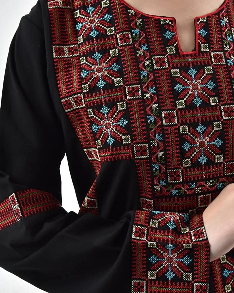 Marwa Fashion Palestinian Thobe Dress for Women - Traditional Palestinian Dress for Girl with Beautiful Embroidery - Dress for Wedding, Parties and Dinner Black Red