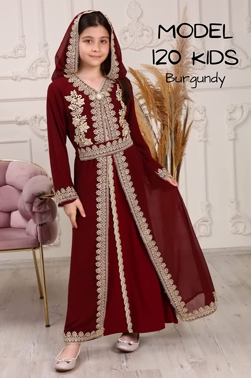 Marwa Fashion Kaftan Kids Dresses - Long Arabic Kaftans for Girls with Traditional Embroidery - Comfortable and Stylish Kaftan Burgundy
