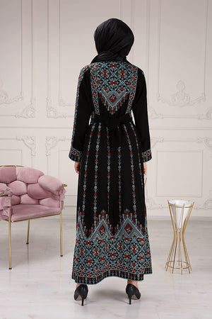 Marwa Fashion Designer Palestinian Thobe - Full Sleeve Embroidered Palestine Thoub - Arabic Dress for Muslim Women & Girls Black Blue