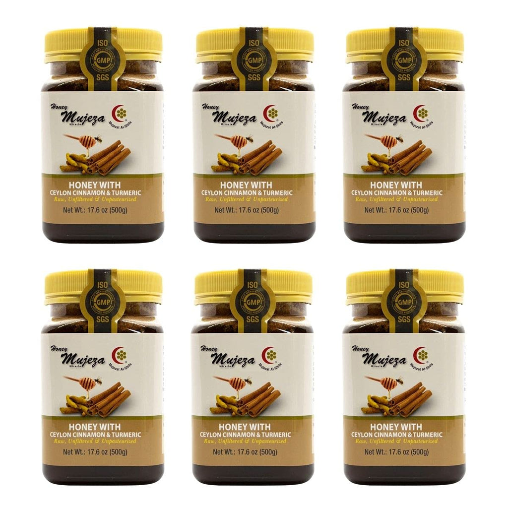 Pack of 6 Black Seed Honey with Ceylon Cinnamon & Turmeric - Natural Honey - Gluten Free Honey - Non GMO - Unheated - Unfiltered 500g / 17.6oz - Mujezat Al-Shifa