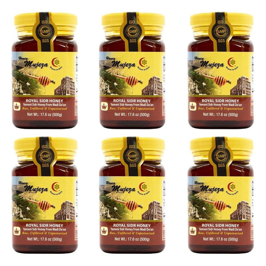 Pack of 6 Raw Royal Honey (Authentic Yemen Douani Sidr Honey)عسل سدر يمني أصلي دوعني Gluten Free Non GMO 100% Natural Raw Honey - (6 Jars 500g / 17.6oz) عسل المعجزه - Mujezat Al-Shifa