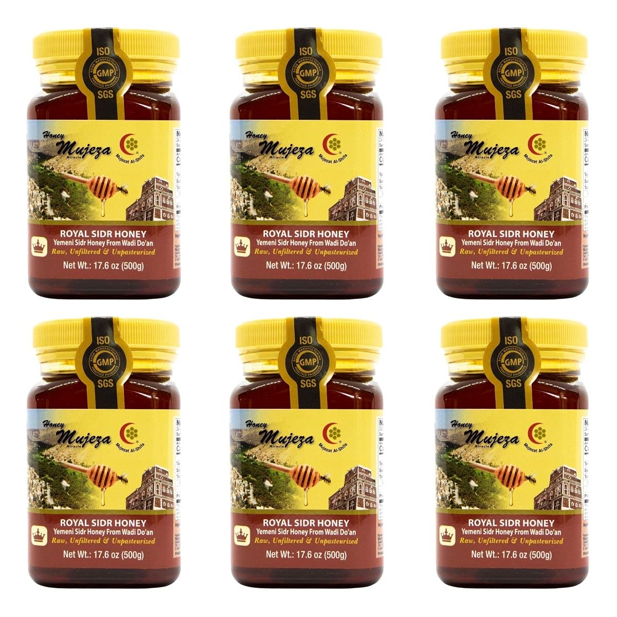 Pack of 3 Raw Royal Honey (Authentic Yemen Douani Sidr Honey)عسل سدر يمني أصلي دوعني Gluten Free Non GMO 100% Natural Raw Honey - (3 Jars 500g / 17.6oz) عسل المعجزه - Mujezat Al-Shifa