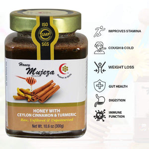 Mujeza Raw Wildflower Honey with Ceylon Cinnamon & Turmeric - Natural Liquid Honey - Gluten Free Honey - Non GMO - Unheated - Unfiltered - Glass jar (300g / 10.6oz)