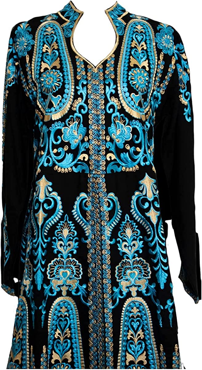 Marwa Fashion Palestinian Thobe / Dress for Women / Embroidery Model # 110 (Black and Blue, Large)