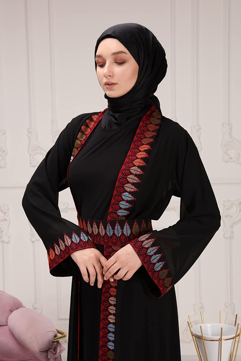 Marwa Fashion Thobe Dress for Women with Traditional Palestinian Embroidery - Islamic Muslim Costume Wedding, Party & Dinner (Large, Black)