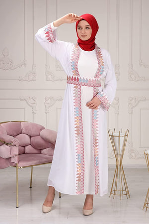 Marwa Fashion Thobe Dress for Women with Traditional Palestinian Embroidery - Islamic Muslim Costume Wedding, Party & Dinner (Medium, White)