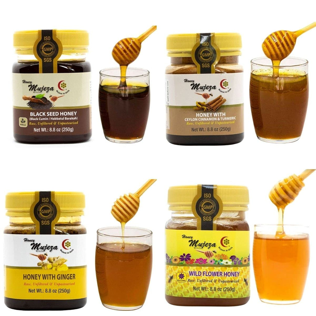 Pack of 4 Mujeza Raw Honey (1 Black Seed Honey + 1 Ginger Honey + 1 Wildflower Honey + 1 Cinnamon & Turmeric) Unheated - Unfiltered - Non GMO - Gluten Free - Unpasteurized - 250g / 8.8oz Gift Set - Mujezat Al-Shifa