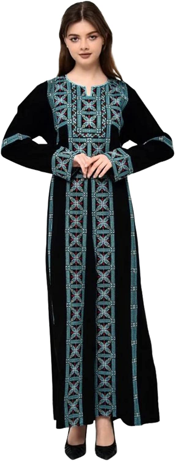 Marwa Fashion Palestinian Thobe Dress for Women - Traditional Palestinian Dress for Girl with Beautiful Embroidery - Dress for Wedding, Parties and Dinner Black Turquoise