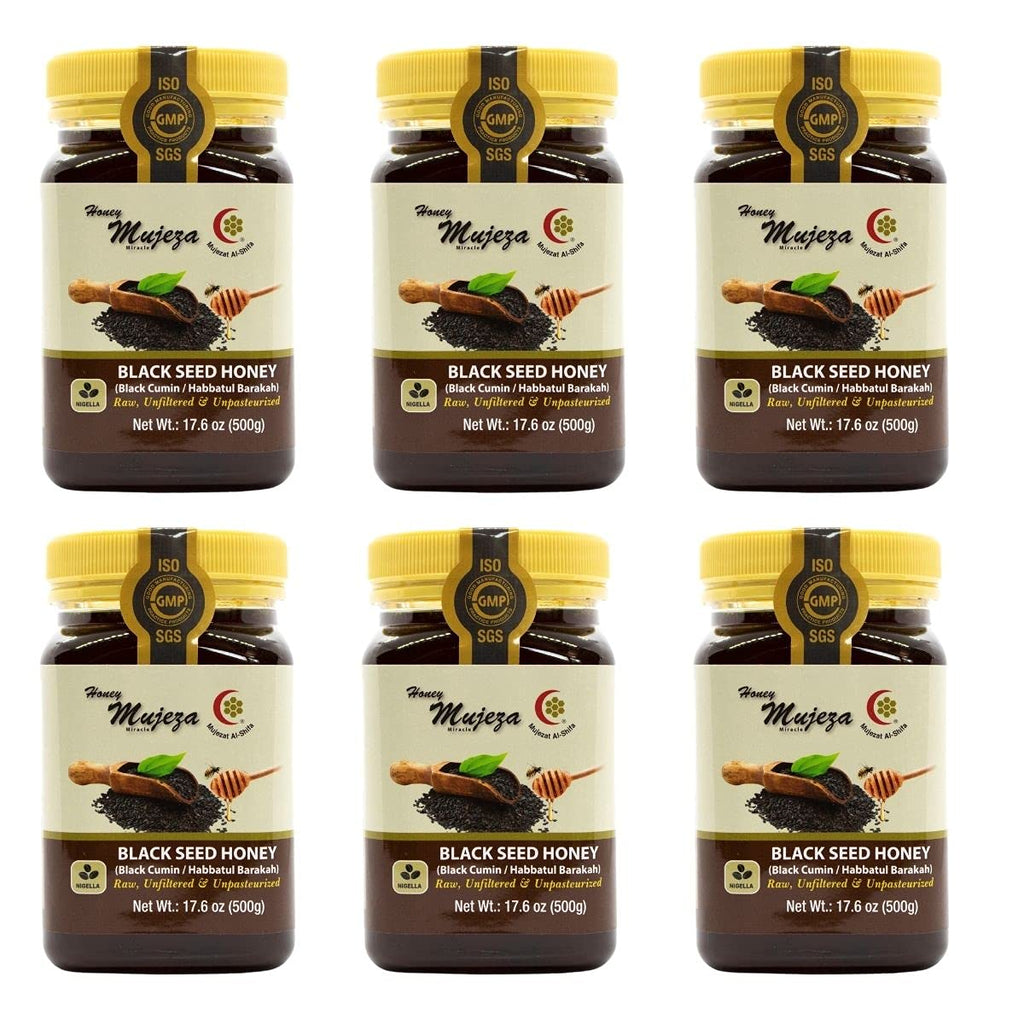 Pack of 6 Mujeza Black Seed Honey - Not Mixed with Oil or Powder - Gluten Free - Non GMO - Organic Honey - Immune Booster - 100% Natural Raw Honey 500g/17.6oz - Mujezat Al-Shifa