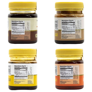 Pack of 4 Mujeza Raw Honey (1 Black Seed Honey + 1 Ginger Honey + 1 Mountain Sidr Honey + 1 Cinnamon & Turmeric) Unheated - Unfiltered - Non GMO - Gluten Free - Unpasteurized - 250g / 8.8oz Gift Set - Mujezat Al-Shifa